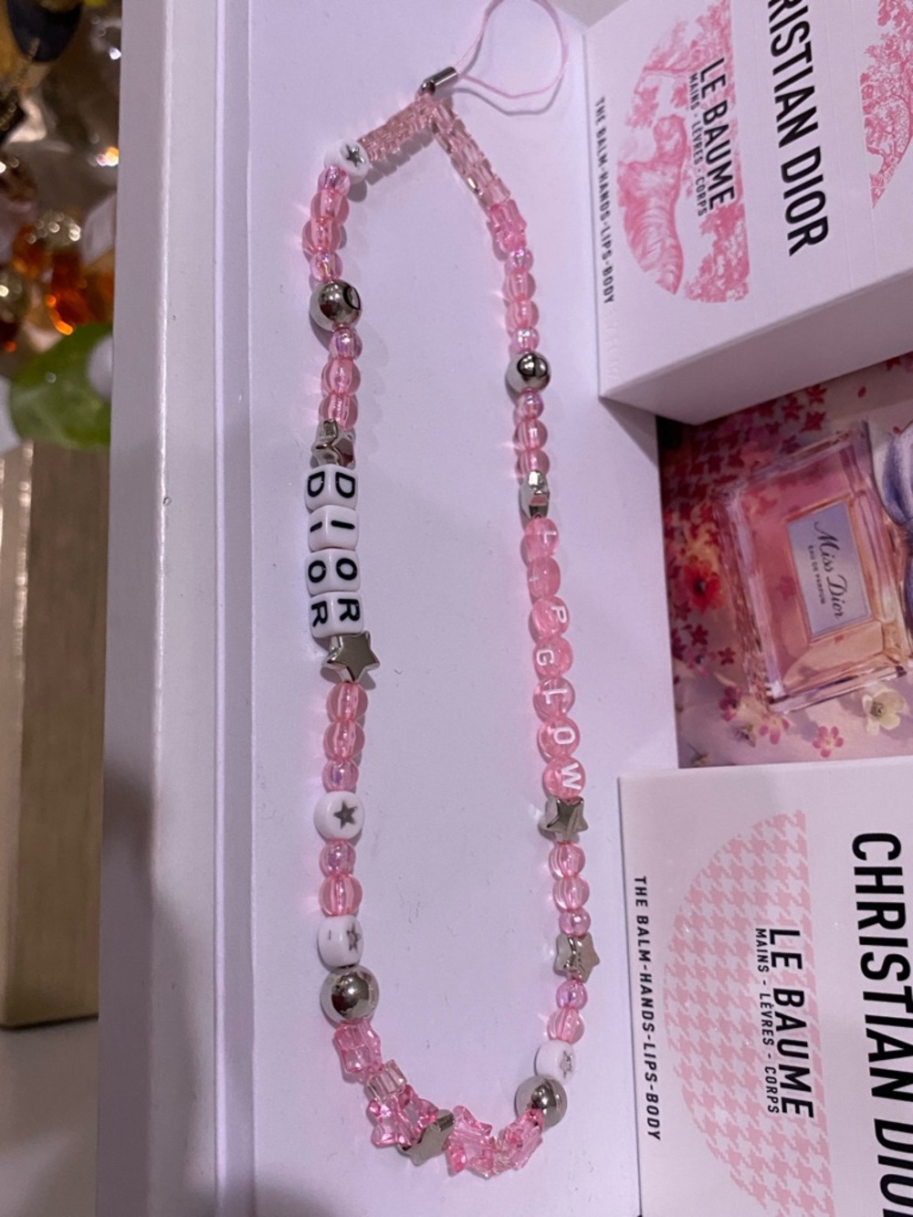 Dior Beaded Cellphone Attachment Strap with Silver/Pink Accents